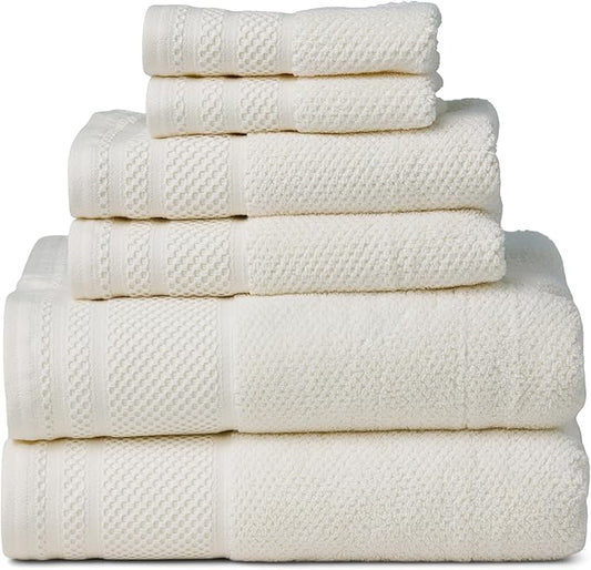 Texere 100% Organic Cotton Rice Weave Jacquard Luxury Bath Towel Sets - Soft and Absorbent Hotel and Spa Quality - 2 Large Bath Towels, 2 Hand Towels, 2 Washcloths (Rice Weave, Cream, 6 Piece)