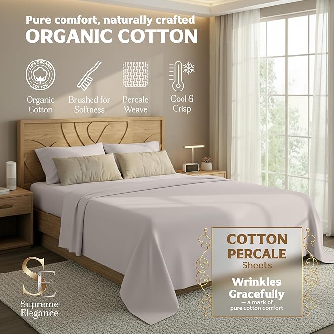 Supreme Elegance 4Pcs 100% Organic Cotton King Size Bed Sheets Set - Cooling Percale Weave for Hot Sleepers - Brushed for Softness - Crisp & Breathable Sheets Set - 16" Deep Pocket Fitted Sheet, Blush