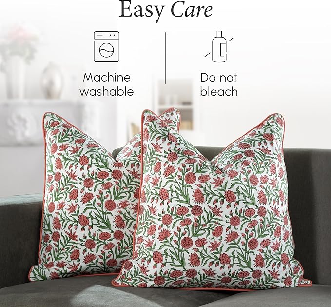 CPC 100% Cotton Throw Pillow Covers 20x20 Inch, Set of 2 Red Block Print Pattern Couch Pillow, Cute Boho Decorative Pillows for Living Room, Bedroom with Hidden Zipper- Red Garnet