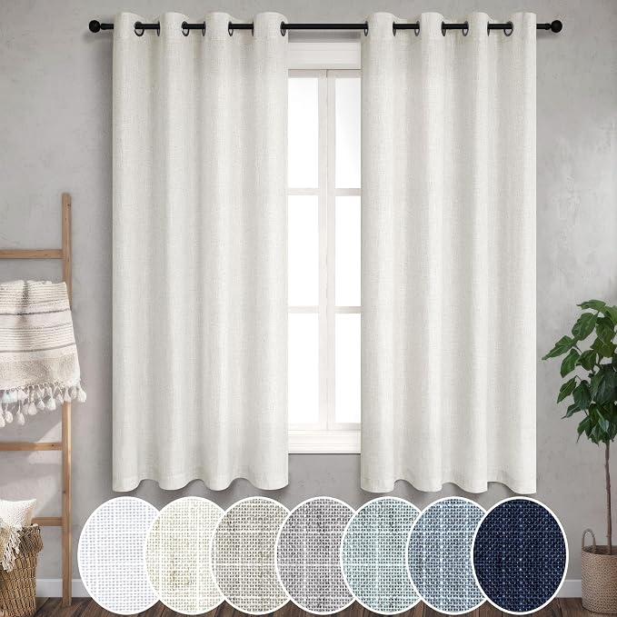 Casual Weave Curtains for Kitchen Boho Farmhouse Light Filtering Semi Sheer Linen Textured Small Window Ivory Off White Cream Short Curtains for Bedroom Bathroom 52x45
