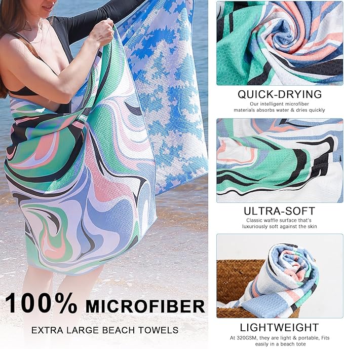 Microfiber Waffle Beach Towels,Ultra Soft and Sand Free Beach Essentials,High Absorbent Pool Towels,Quick Dry Light Weight Oversized Large Towels for Travel Camping Beach Accessories