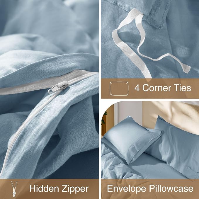 SONORO KATE 100% French Linen Duvet Cover King Size, Soft Breathable for Hot Sleepers, Moisture Wicking & Durable Cover Set - Zipper Closure & 4 Corner Ties Duvet Covers 3 Piece (Dusty Blue,King)