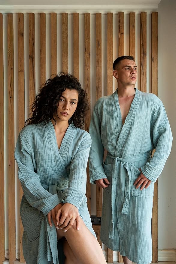 Muslin Unisex Bathrobe Women & Men, 100% Cotton Kimono Lightweight Robe | Long Robes Soft, Absorbent, Spa robes