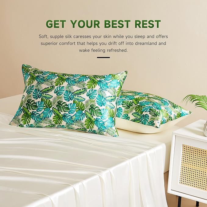 THXSILK Natural Mulberry Silk Pillowcase for Hair and Skin, Mulberry Silk Bed Pillow Cover with Hidden Zipper, 1pc Hypoallergenic Organic Silk Pillowcase (King 20"x36", Green Monstera Print)