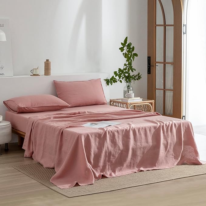 EVERLY Linen Queen Sheets Set, 100% Stonewashed French Linen Bed Sheets Deep Pocket Sheets, 4 Pieces (1 Flat Sheet, 1 Fitted Sheet, 2 Pillowcases) Natural Flax Bedding Set,Pink