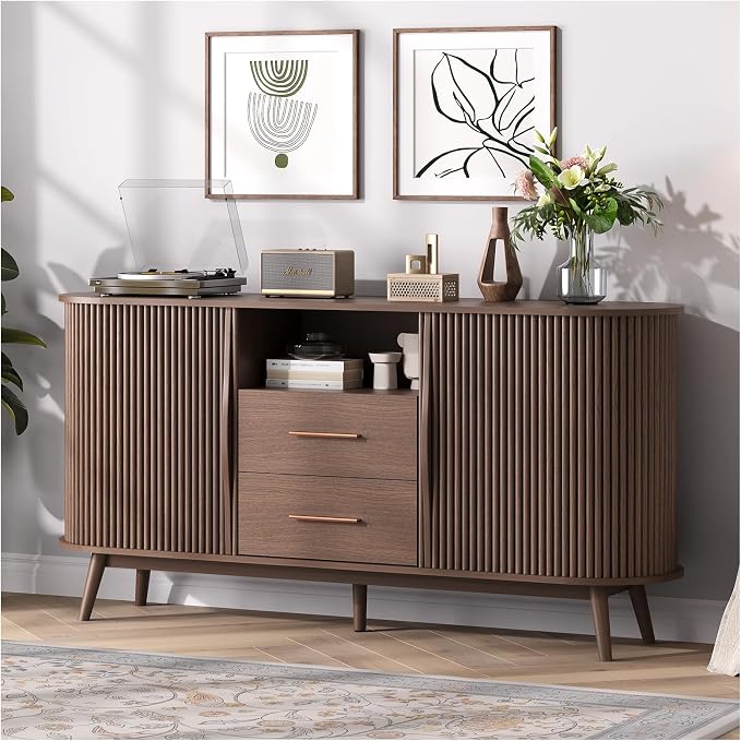 JOINICE Walnut Sideboard Buffet Cabinet with Storage for Dining Room，63" | Mid-Century Modern Storage Cabinet,2 Drawers&Fluted Sliding Doors,Solid Wood Legs,adjustable shelf,supports up to 100 lbs