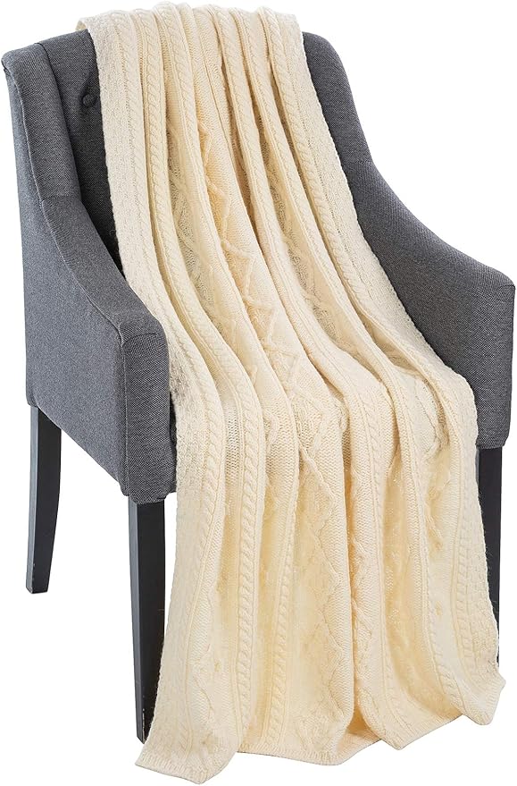 SAOL 100% Merino Wool - Aran Knit Couch Throw Blanket 40" x 60" (102 x 152 cm) (Natural)