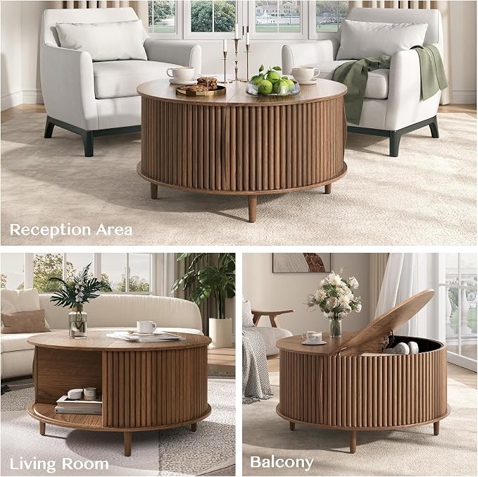 JOINICE 31.5" Round Coffee Table with Storage for Living Room, Walnut | Hidden Storage,Fluted Sliding Door,Mid Century Furniture for Small Apartments,Solid Wood Legs,Easy Assembly,Up to 110 lbs