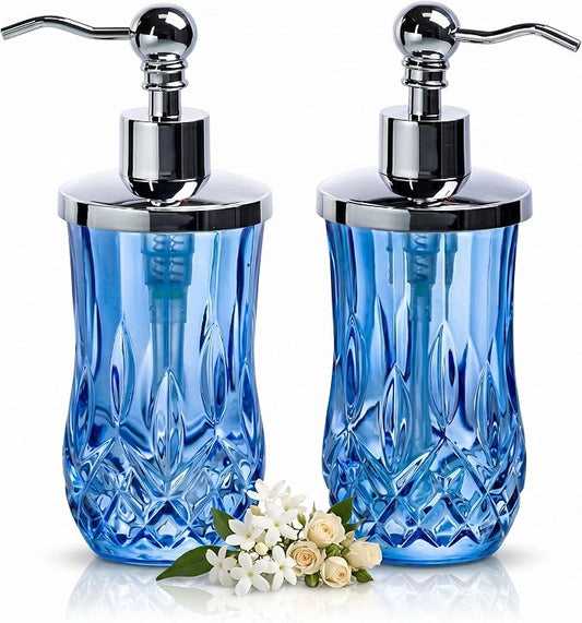 2 Pack 9 Oz Glass Soap Dispenser with Stainless Steel Pump, Blue Round Textured Refillable Soap Dispenser with Vertical Fluting for Lotion, Hand Soap, Body Wash, Kitchen Bathroom Counter Organizer