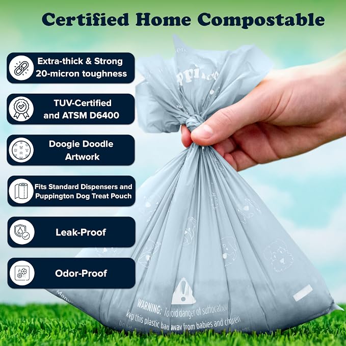 Puppington Certified Home Compostable Poop Bags - ASTM D6400 Compliant - Plant-Based Thick Bags - Pairs with Puppington 3-in-1 Bag & Fits all Standard Poop Bag Dispensers (Ice Blue, 90 Bags)