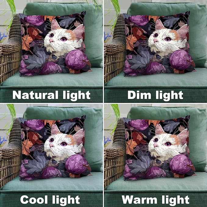 Shrahala Cute Cat Decorative Throw Pillow Cover, Cat Among Purple Fruits Square Pillowcase Blended Double-Sided No Inserts for Bedroom Living Room Set of 2 (20 x 20 in)