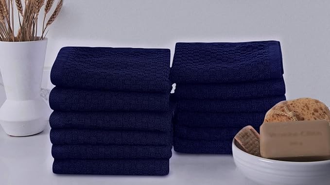 COTTON CRAFT Waffle Weave Wash Cloth - 12 Pack Luxurious Pure Ringspun Cotton Euro Spa Bathroom Face Towel - Absorbent Quick Dry Gym Shower Bath Kitchen Travel - 12x12 inches - Navy