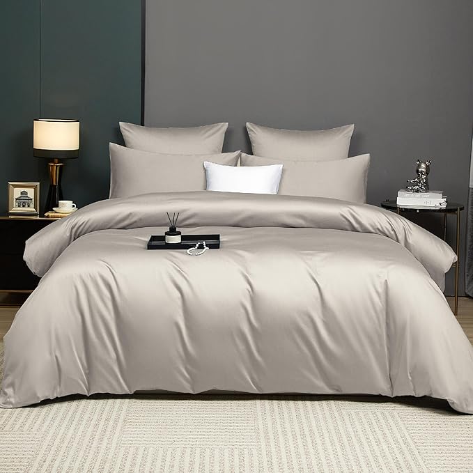 Light Taupe Cotton Duvet Cover Set Twin 100% Long-Staple Cotton Sateen Bedding Set, Soft Breathable Smooth Organic Pure Cotton Plain Comforter Cover, Luxury Minimalist Bedroom Decor for All Season