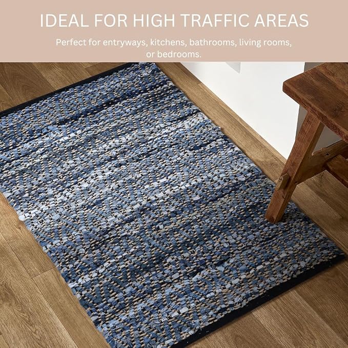 Hand Woven Area Rug Jute Denim 2x3 Feet - Rustic Farmhouse Bohemian Accent Rug for Living Room Bedroom Kitchen Entryway Floor Mats Anti Skid - Ideal for High Traffic Areas Rag Rug
