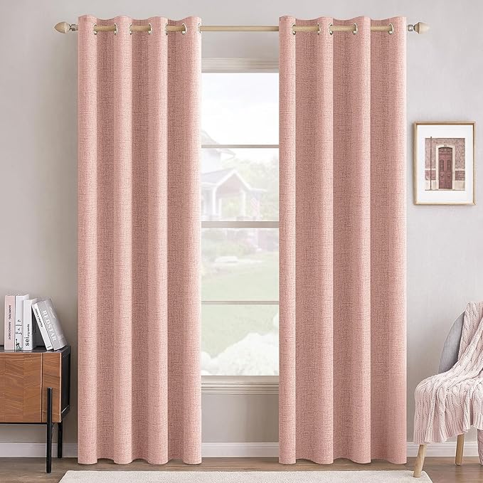 MIULEE 100% Blackout Linen Curtains for Bedroom Thermal Insulated Blush Pink Grommet Room Darkening Curtains & Drapes for Living Room 52 x 108 Inch (2 Panels)
