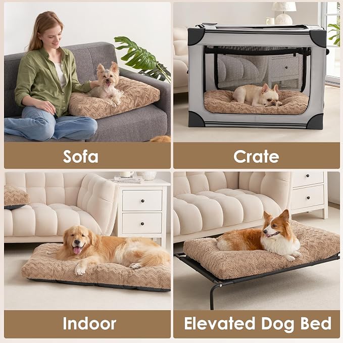 EHEYCIGA Washable Large Dog Bed for Crate 35x23 Inch, Kennel Pad for Dogs Up to 45 lbs, Plush and Comfy Pet Sleeping Mat, Camel