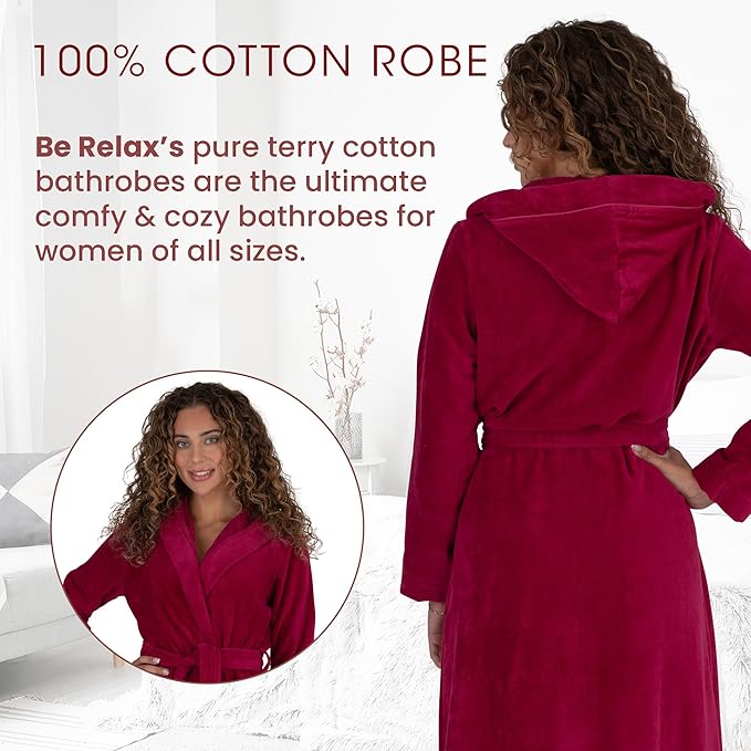 Be Relax Bathrobe for Women - Full Length Terry Cotton Robe with Shawl Collar and Hood, Warm and Cozy Robe with Belt & Pocket