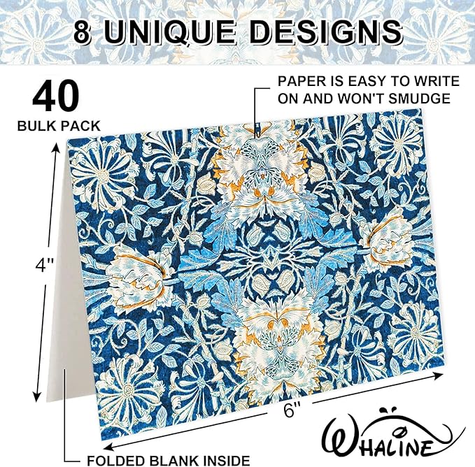 Whaline 40 Packs William Morris Greeting Cards with Envelopes Stickers Blue Vintage Floral Stationery Card Retro Flower Leaves Blank Note Cards for Wedding Birthday Baby Shower Thank You Supplies
