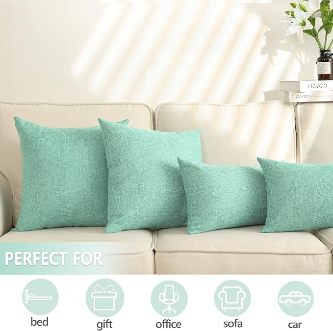 Stellhome Set of 2 Linen Throw Pillow Cover Square Spring Decorative Farmhouse Burlap Cushion Case for Home Decoration, 20 x 20 inch (50 cm), Green