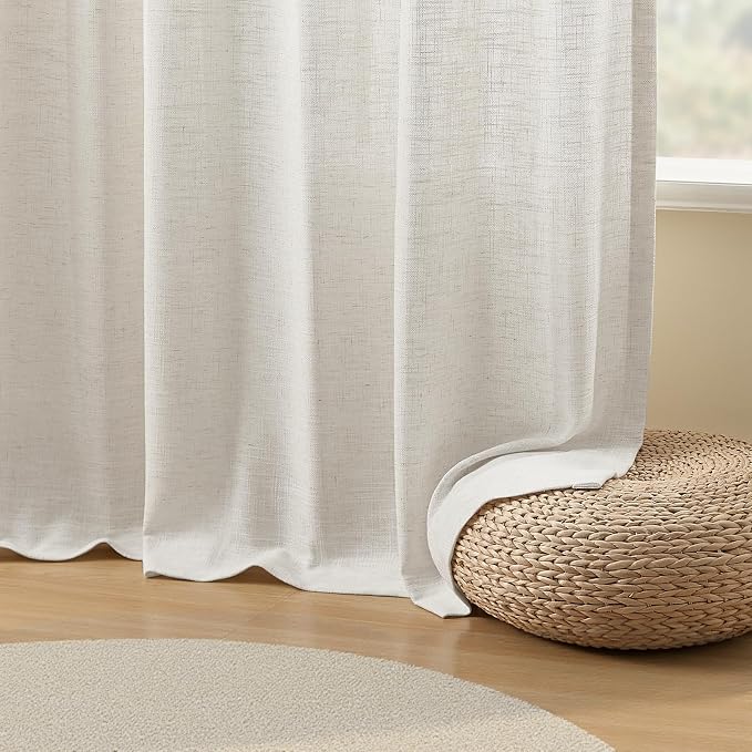 IVAPUPU Extra Wide Pinch Pleated Linen Curtains for Living Room, Memory Training Semi Sheer Pleated Curtain Hooks Rings Back Tab Light Filtering Drapes for Farmhouse, 70Wx96L, Beige White, 1 Panel