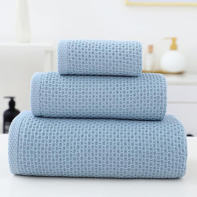 SK Studio 6 Piece Bath Towels Set, Cotton Hotel Large Waffle Bath Towels Absorbent Quick Dry with 2 Bath Towels, 2 Hand Towels, 2 Washcloths for Bathroom Spa, Blue