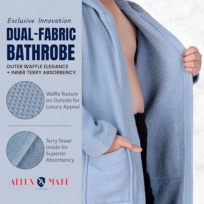 ALLEN & MATE 100% Cotton Waffle Terry Towel Hooded Kids Bathrobe – Soft Absorbent Medium Weight Swim Robe for Boys & Girls
