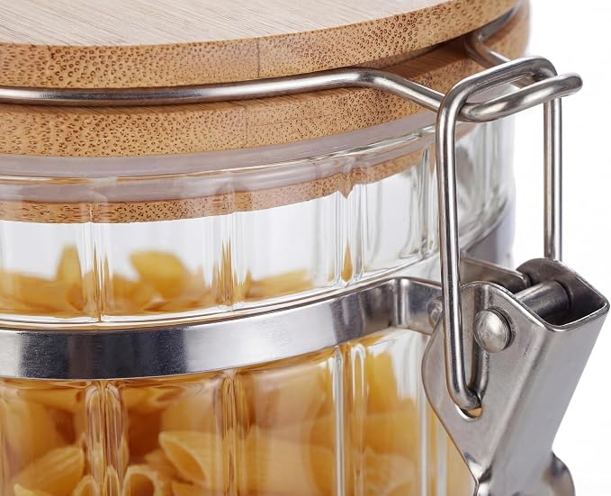 Glass Storage Jars with Bamboo Lids, Set of 2 – 34oz Airtight Borosilicate Canisters for Pantry Organization, Coffee, Flour, Sugar & Pasta – BPA-Free, Ribbed Design