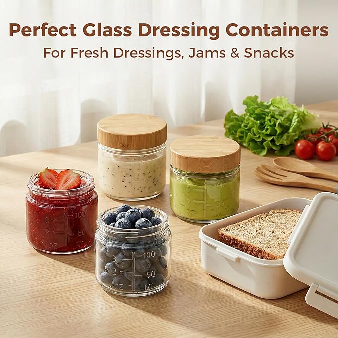 HomArtist 3oz Glass Salad Dressing Containers with Bamboo Lids - 6 Pack Small Airtight Condiment Cups, Mini Sauce Jars for Picnic, Ketchup, Dip & Snacks, Leakproof, BPA-Free & Dishwasher Safe