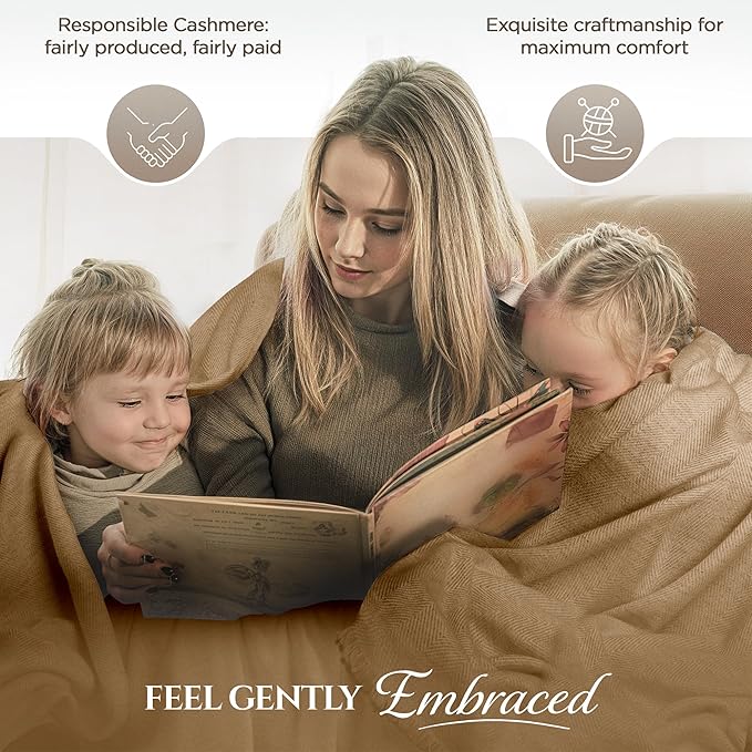 Cashmere Blanket – Hand Woven 100% Pure Wool Throw Blanket, 135 x 270 cm – Fine Herringbone Pattern Cozy, and Soft Blanket for Bed, Sofa, or Couch - Made in Nepal