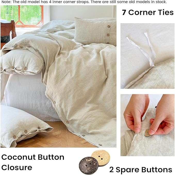 Simple&Opulence 100% Linen Duvet Cover Set 3pcs with Coconut Button Closure Natural French Washed Flax Solid Color Soft Breathable Farmhouse Bedding - Linen, King Size
