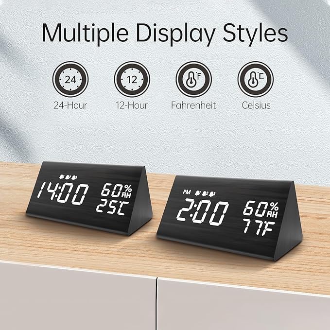 JALL Wooden Digital Alarm Clock for Bedrooms and Office, 3 Alarms with Large Numbers for Beside Table Living Room, Humidity and Temperature, 6-Level Dimmer, Snooze, Loud Desk Clock for Heavy Sleepers