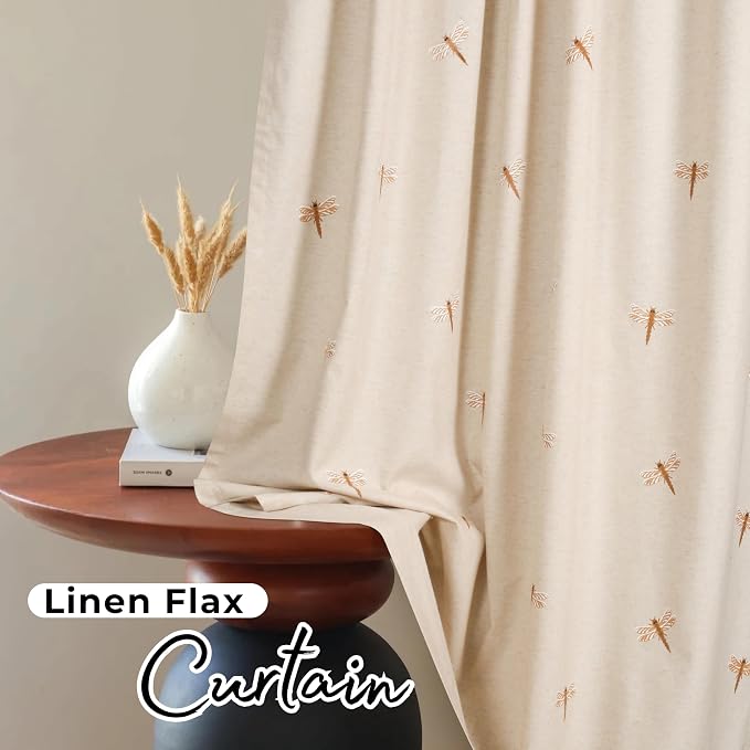 Bedding Craft Flax Linen Curtain Drape 50x108 Inch – Dragonfly Embroidery Drape, Natural Flax Room Darkening Panels, Taupe Curtains for Living Room, Bedroom, Modern Window Decor