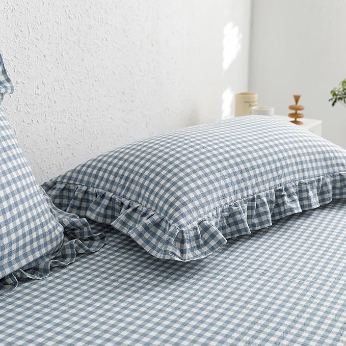 mixinni Blue White Gingham Ruffle Duvet Cover Twin XL Size 3 Pieces – 100% Washed Cotton, Vintage Plaid Ruffled Bedding Set with Zipper Ties, Soft Checkered Grid Farmhouse Chic Comforter Cover Set