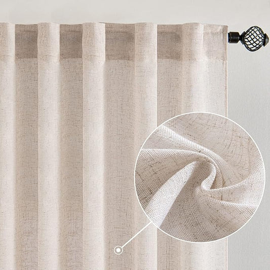 MIULEE Natural White Linen Curtains 102 Inch Length 2 Panels for Bedroom Living Room, Soft Thick Linen Textured Window Drapes Semi Sheer Light Filtering Back Tab Rod Pocket Burlap Look Decor