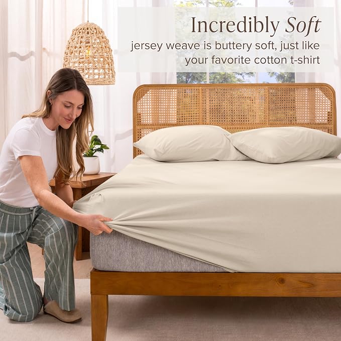 Bare Home 100% Organic Cotton Jersey Fitted Sheet - Queen Size - Ultra Soft - Deep Pocket Fitted Sheet - 100% Cotton - Ring Spun Yarns (Queen, Sand)