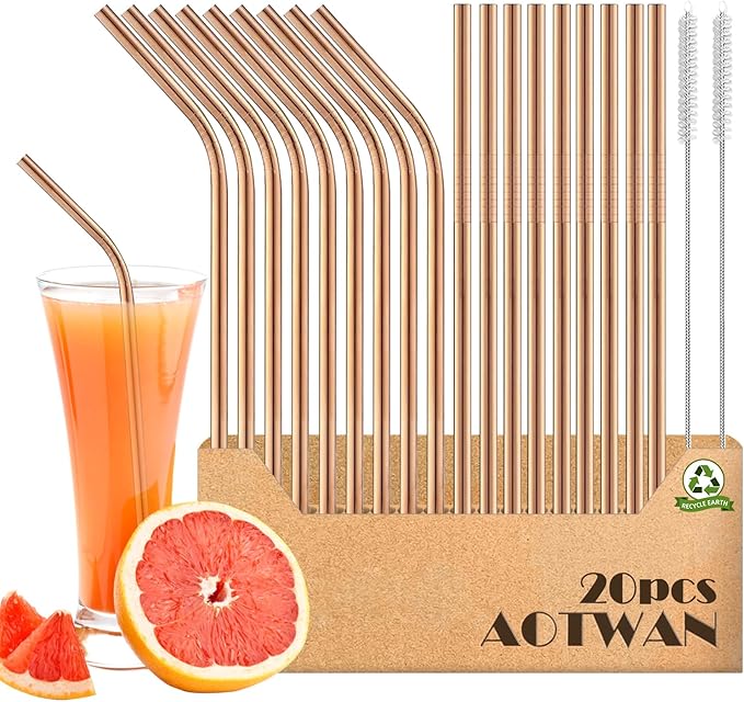 AOTWAN Straws, Stainless Steel Straws, Rose Gold Metal Straw, Reusable, Includes 9 Straight + 9 Curved + 2 Cleaning Brushes, Stainless Steel Straw for Cocktails, Smoothies