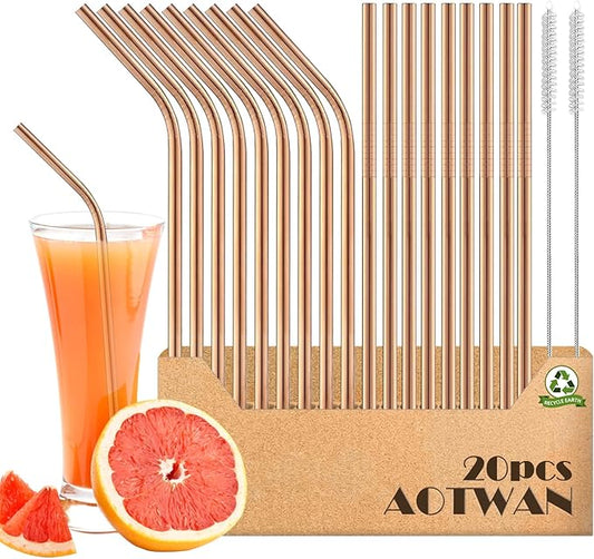AOTWAN Straws, Stainless Steel Straws, Rose Gold Metal Straw, Reusable, Includes 9 Straight + 9 Curved + 2 Cleaning Brushes, Stainless Steel Straw for Cocktails, Smoothies