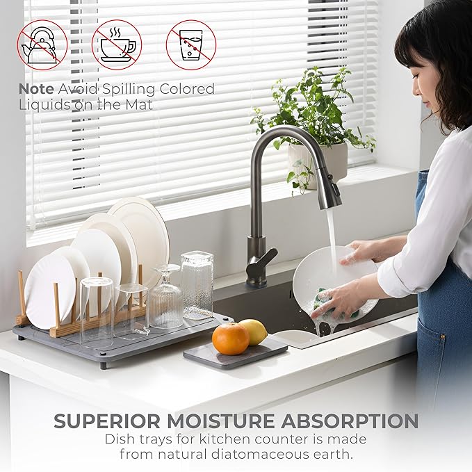 Stone Dish Drying Mat for Kitchen Counter, 100% Natural Drying Matt Kitchen Counter, Quick Drying, Non-Toxic, BPA-Free, Eco-Friendly Stone Dish Drying Mat (Dark Gray 15.7x11.8" & 8"x4")