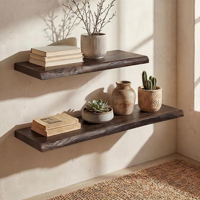 40" Live Edge Floating Shelf, Solid Elm Wood Wall Shelf | 1.4" Extra Thick, 9.3" Deep Heavy Duty, FSC Certified Brown Finish for Bedroom, Kitchen & Bathroom Storage