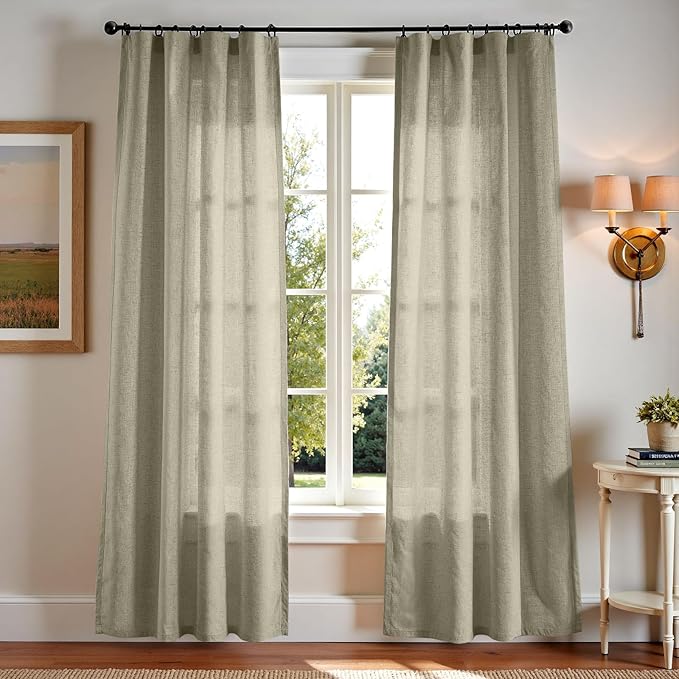 jinchan Linen Curtains Sage Green Semi Sheer Curtains 84 inch Length for Living Room Bedroom Neutral Farmhouse Cottage Core Home Office Light Filtering Privacy Drapes Rod Pocket Back Tab 2 Panels