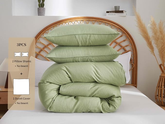 100% French Flax Linen Duvet Cover Set, King Size 104''x90'' 3 Pcs with 8 Corner Ties and Button Closure, Soft and Breathable for All Season(Green, King)