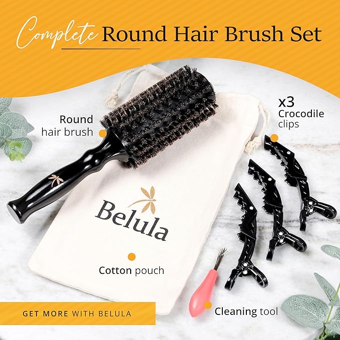 Belula 100% Soft Boar Bristle Round Brush for Blow Drying Set. Round Hair Brush With Small 1.6” Wooden Barrel. Hairbrush Ideal to Add Volume and Body. Free 3 x Hair Clips & Travel Bag.