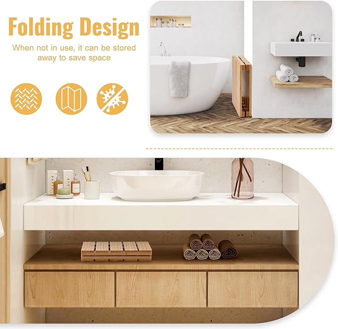 Foldable Bamboo Bath Mat for Shower, 19.68" x 14.17" in Non-Slip Wood Bathroom Rug, Quick-Dry Waterproof Carpet for Indoor Outdoor Use by Sink, Tub, Pool