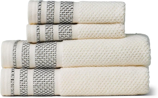 Texere 100% Organic Cotton Rice Weave Jacquard 700 GSM Luxury Bath Towel Set - 2 Hand Towels, 2 Washcloths (Rice Weave, Cream w/Blk, 2 Hand & 2 Wash Towels)