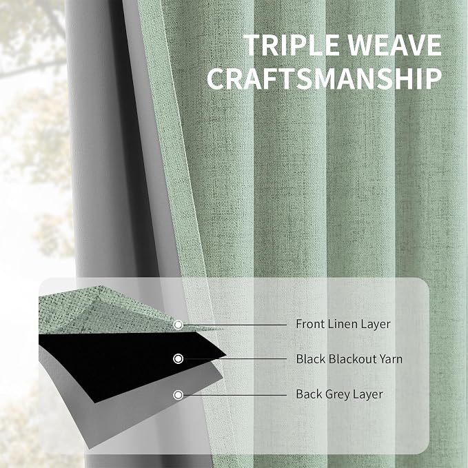 CUCRAF Linen 100% Blackout Curtains 96 Inch Length 2 Panels Set, Back Tab and Rod Pocket Curtain for Living Room Bedroom, Room Darkening Window Drapes Thermal Insulated, (37x96 inch, Sage Green)