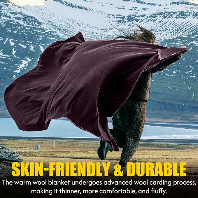 Molithe 100% Wool Blanket, 62" x 86", Warm, Thick, Washable, Military Wool Blanket, Great for Camping, Outdoors, Sporting Events, Survival Kits, Plum