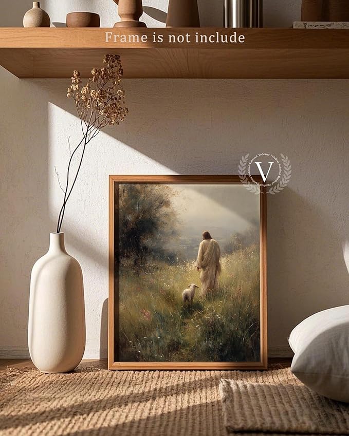 Vodefoad Vintage Wall Art Dector Jesus Leaves The 99 Christian Good Shepherd Artwork Lost Sheep Parable Boho Christian Landscape Oil Painting Bible Verse Canvas for Home Bedroom Holiday Dector - 8x10Inch Unframe