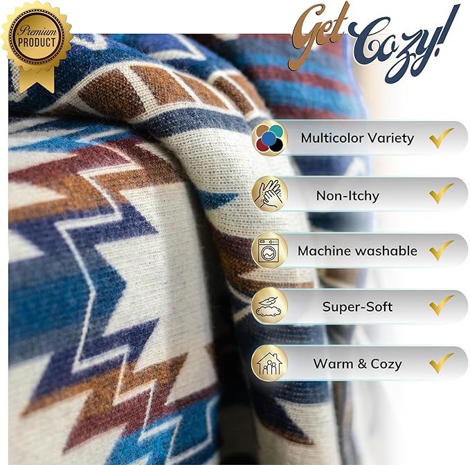 Alpaca Wool Throw Blanket, Native Design Wool Blanket, Throw Aztec Pattern Alpaca Wool Throw Blanket (Blue, Throw 78"x48")