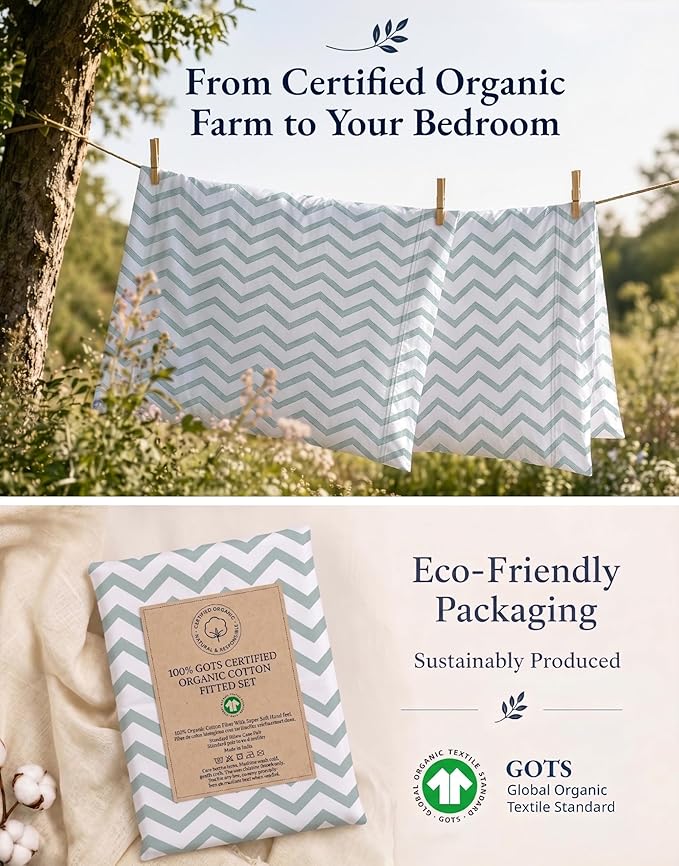 LANE LINEN 100% Organic Cotton Twin XL Fitted Sheet, 2-Piece Set (1 Fitted Sheet, 1 Pillowcase), Percale Weave, Lightweight, Soft, Breathable, Fits Mattress Upto 15' Deep - Cool Blue Chevron