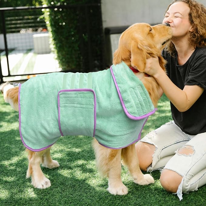Soft Dog Bathrobe Fast Drying Dog Coat, Super Absorbent Dog Towels for After Bath, Microfiber Pet Robe Adjustable Collar & Belly Warm Keeping Dogs Coat for Pet Dogs & Cats (Green, XX-Large)